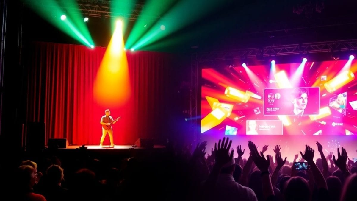 Diverse entertainment examples: live performance and digital media.