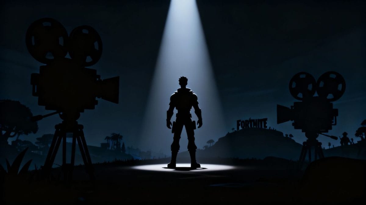 Fortnite island in darkness with cinematic elements.