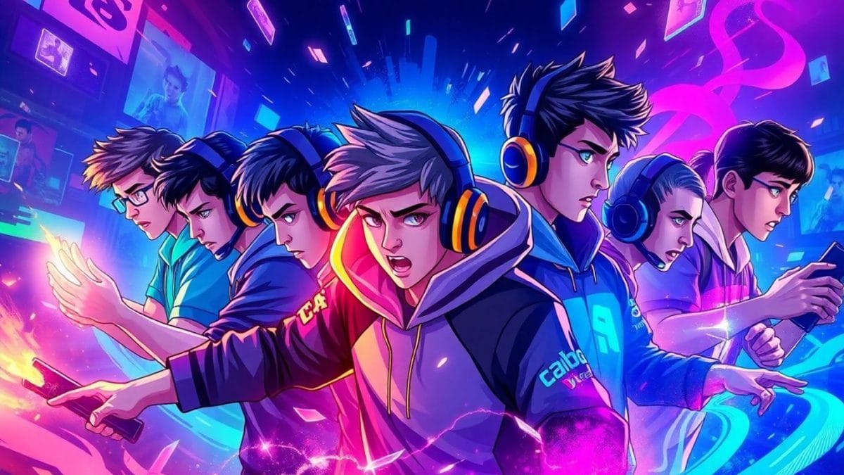 Esports athletes in a competitive, game-inspired scene.