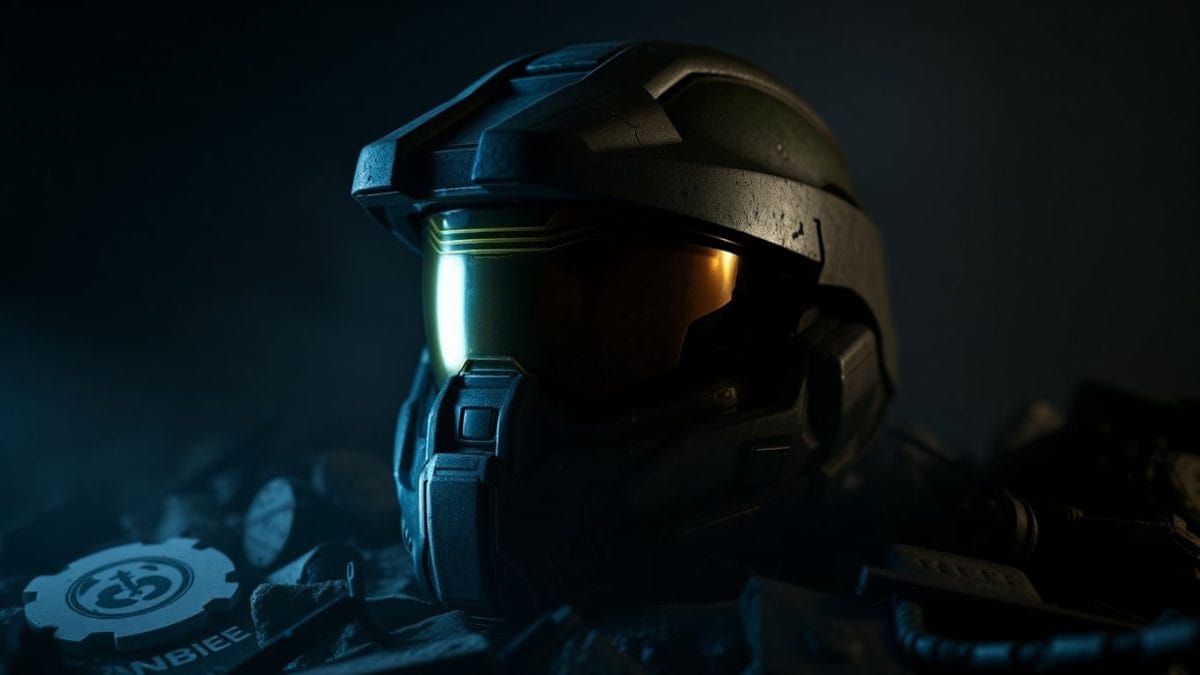 Master Chief helmet in a dark, smoky environment.