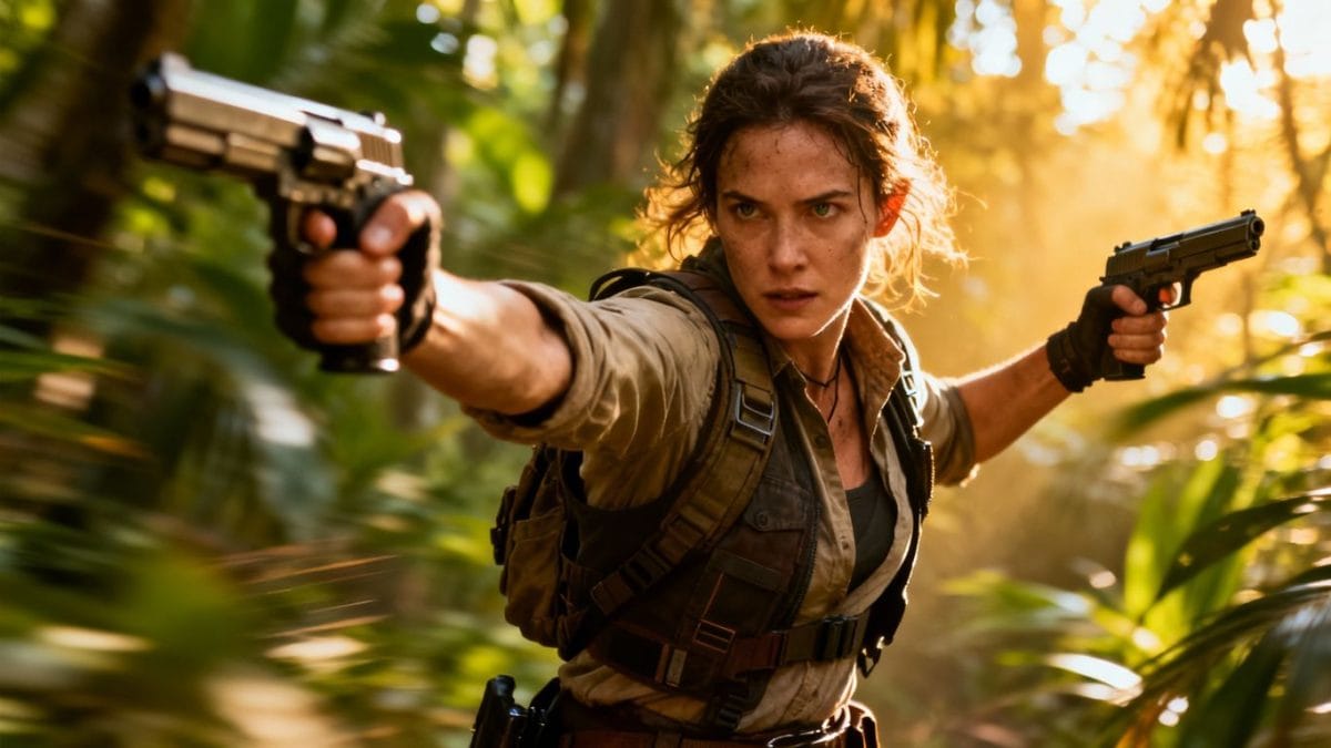 Alix Wilton Regan as Lara Croft with pistols.