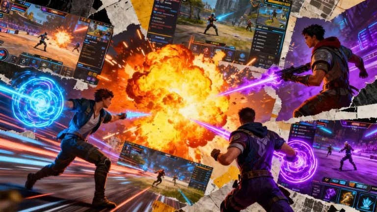Collage of exciting PC game visuals and characters.
