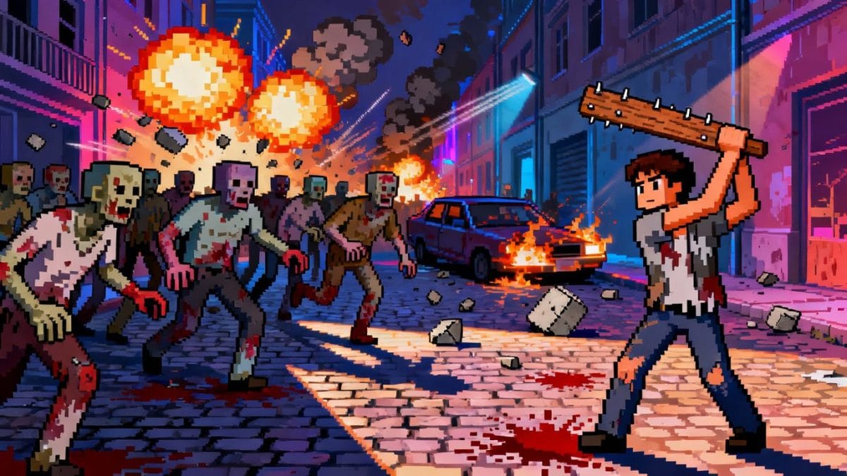 Pixelated zombies attacking a city street in a game.