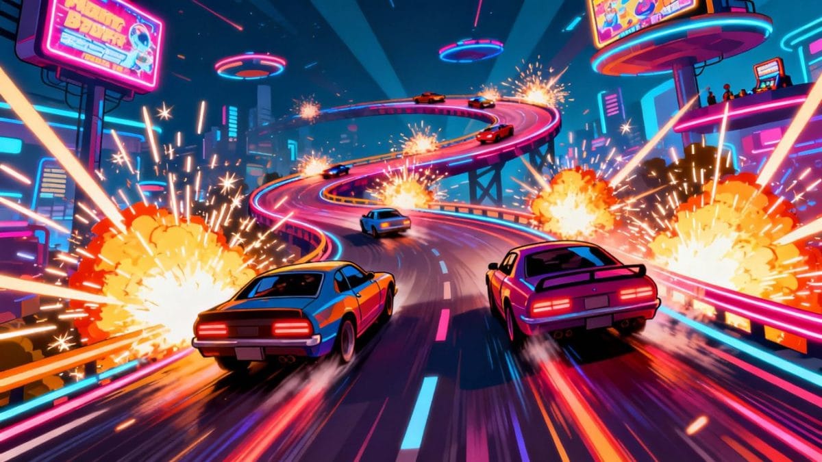 Exciting car driving game action with colorful tracks and speed.