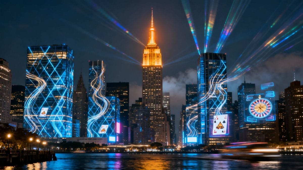 NYC skyline with glowing lights, hinting at casino development.