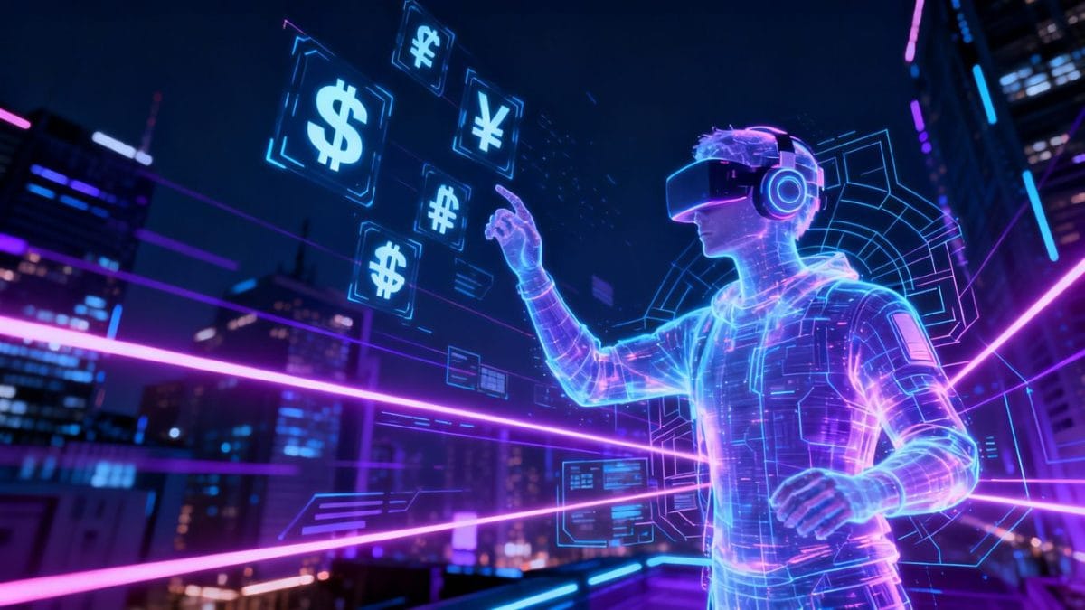 Futuristic gaming cityscape with digital interfaces and holographic gamer.