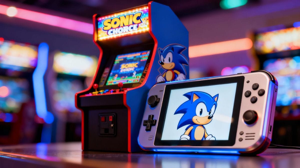 Sonic arcade cabinet and retro handheld gaming device.