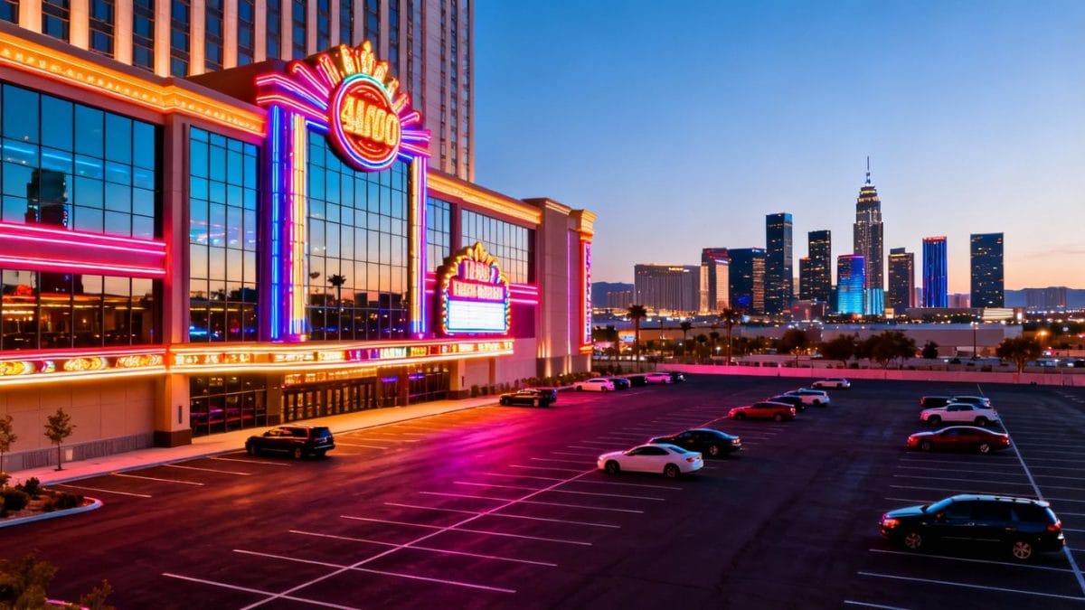 New casino construction with city skyline in background.