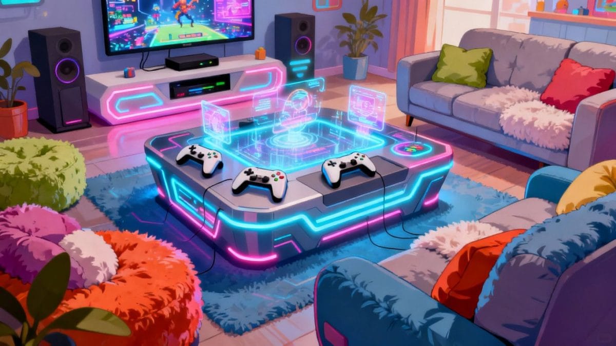 Futuristic living room entertainment unit with game-like ambiance.