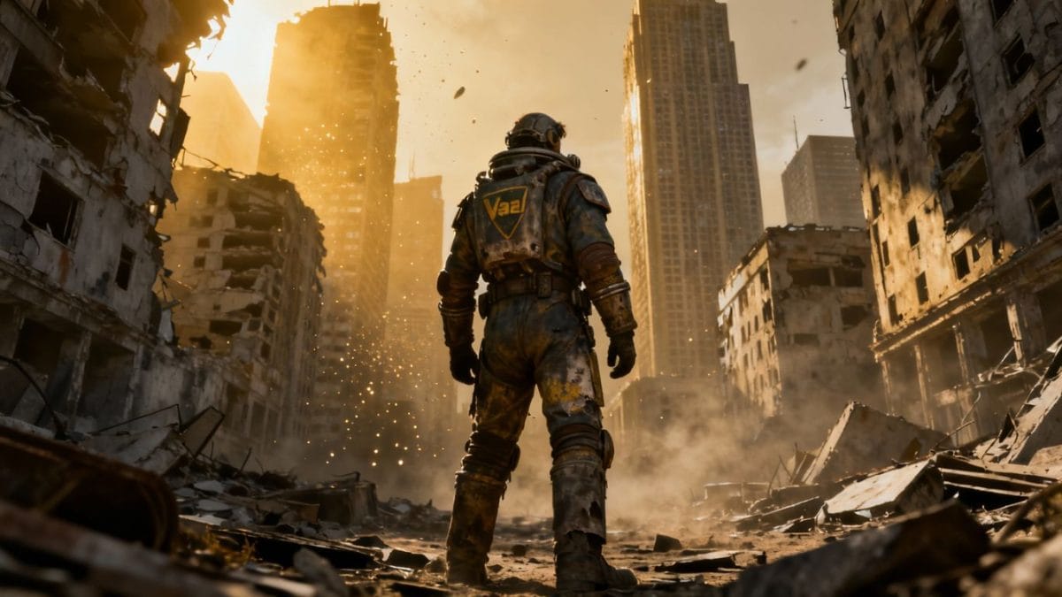 Vault dweller in ruined city, post-apocalyptic atmosphere.
