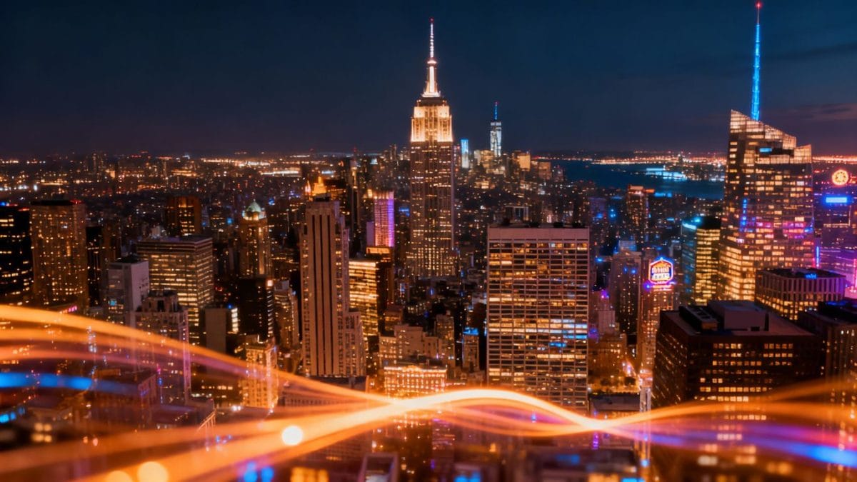 New York City skyline with glowing lights.