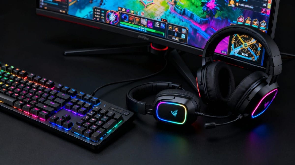 Gaming keyboard, monitor, and headset on sale.