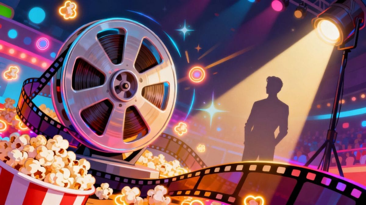 Movie reel with popcorn and spotlight.