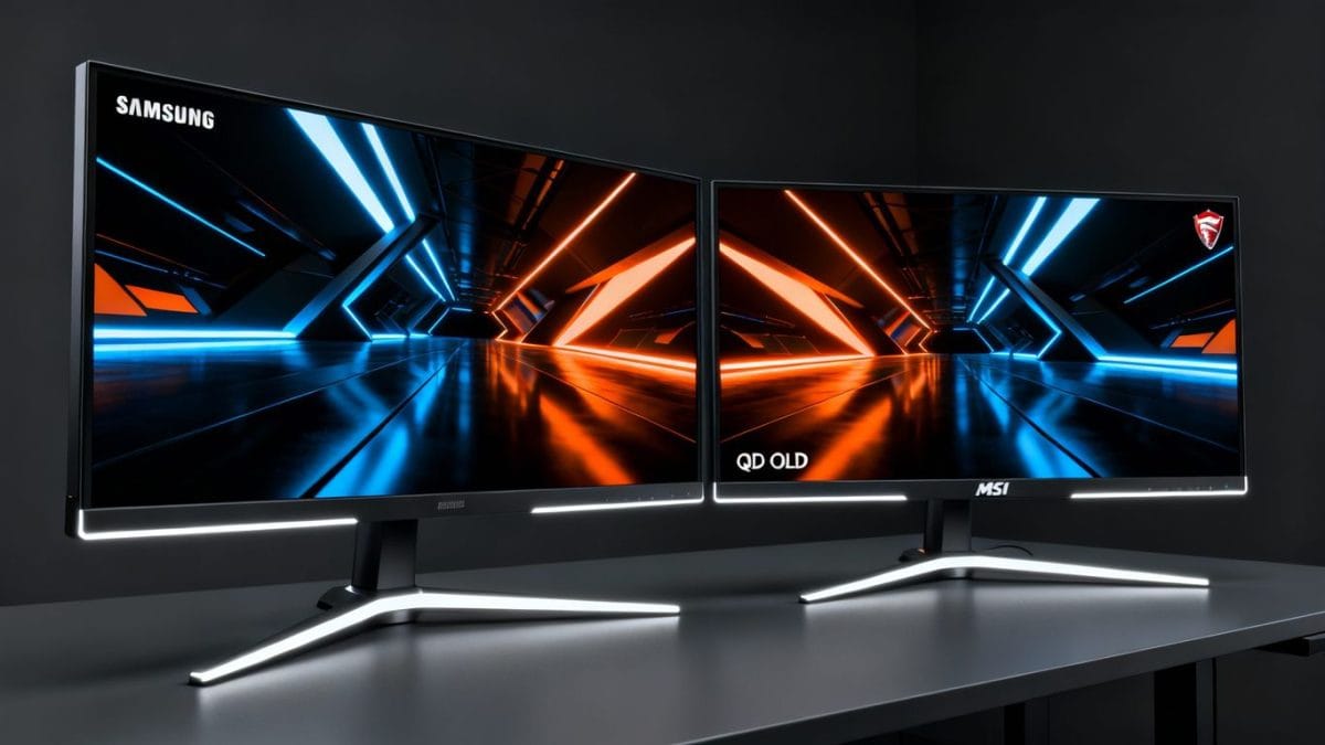 Samsung and MSI QD-OLED gaming monitors with vibrant displays.
