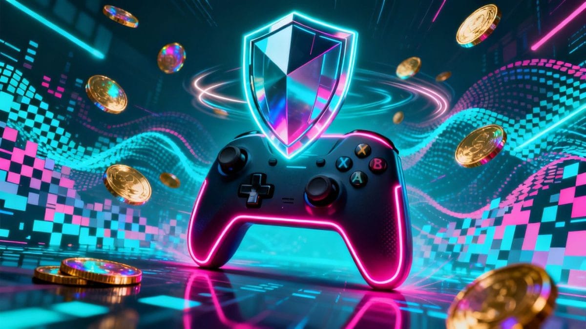 Gaming controller with shield and digital background.