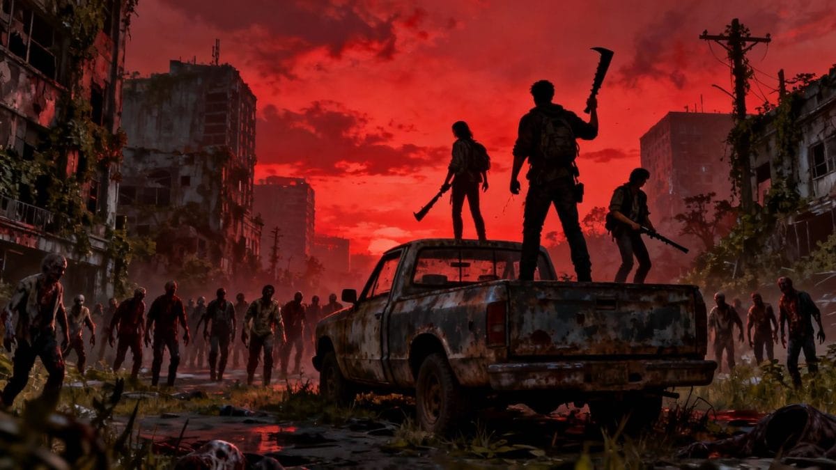 Survivors fight zombies in a ruined city.