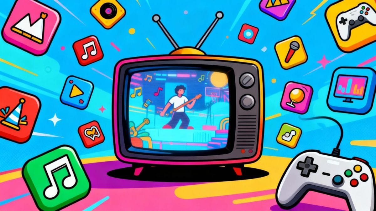 DIRECTV entertainment package icons floating around TV.