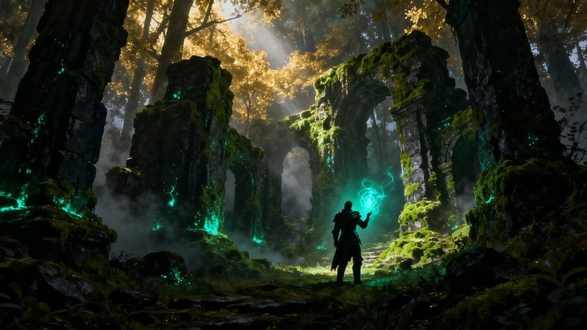 Mysterious forest clearing with ancient ruins and a lone figure.