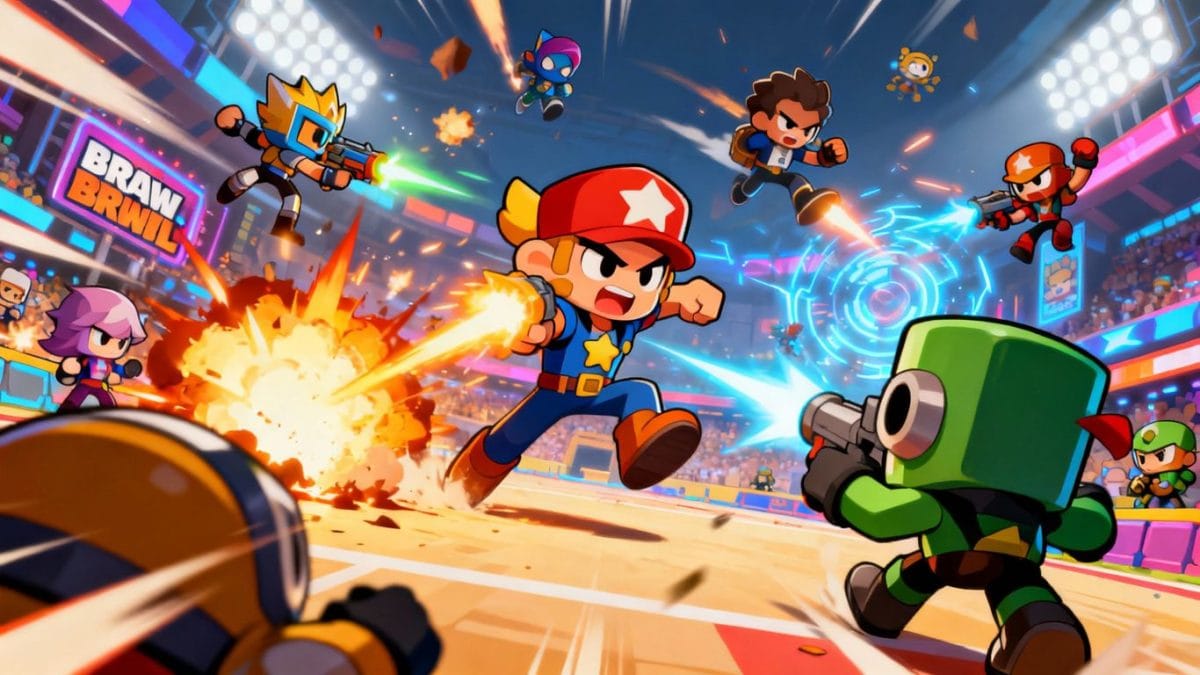 Brawl Stars esport characters battling in a colorful arena.