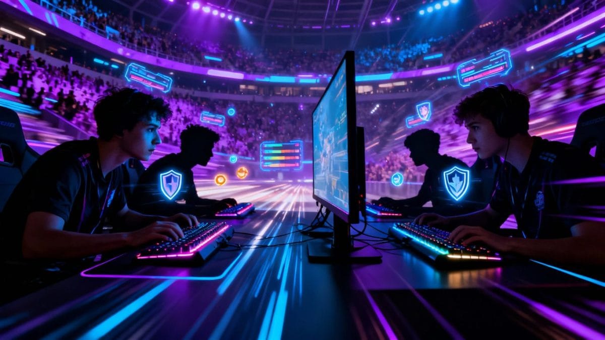 Esports stadium with cheering crowd and glowing screens.