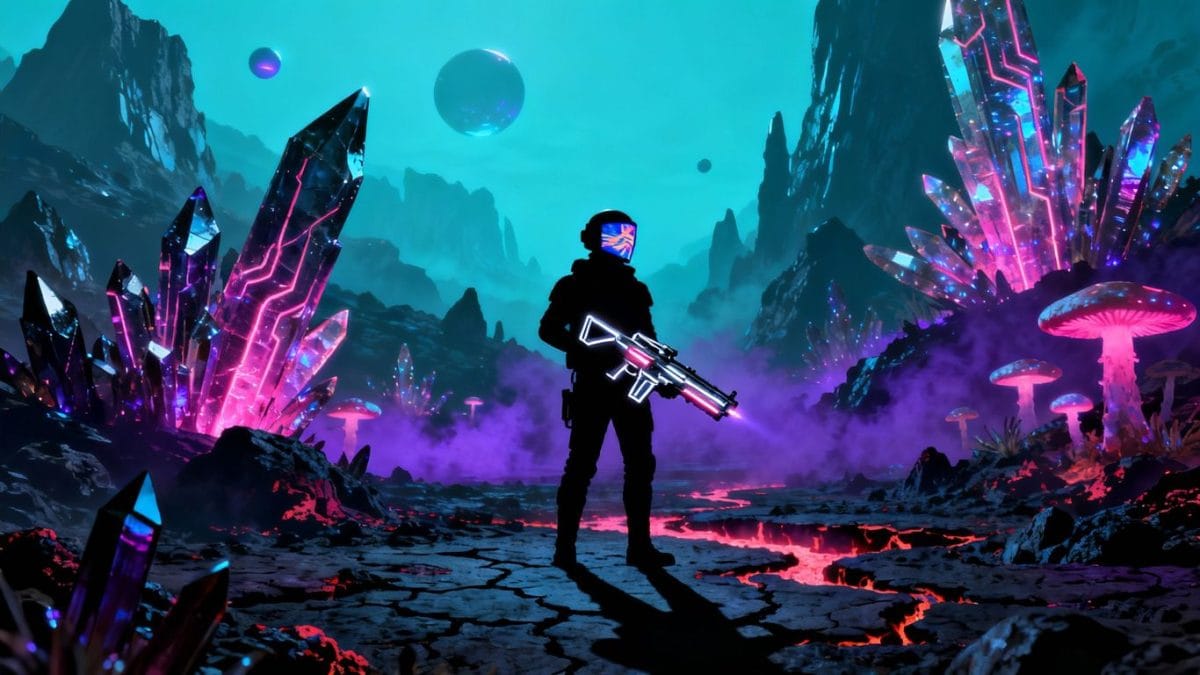 Explorer in alien landscape with glowing flora.