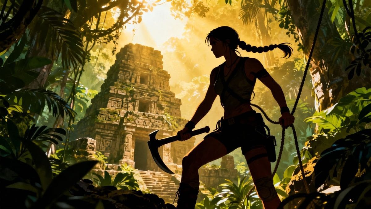 Lara Croft with climbing axe in jungle.