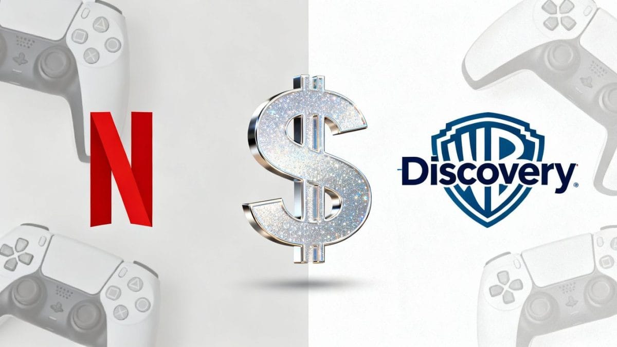 Netflix and Warner Bros. Discovery logos with dollar sign.