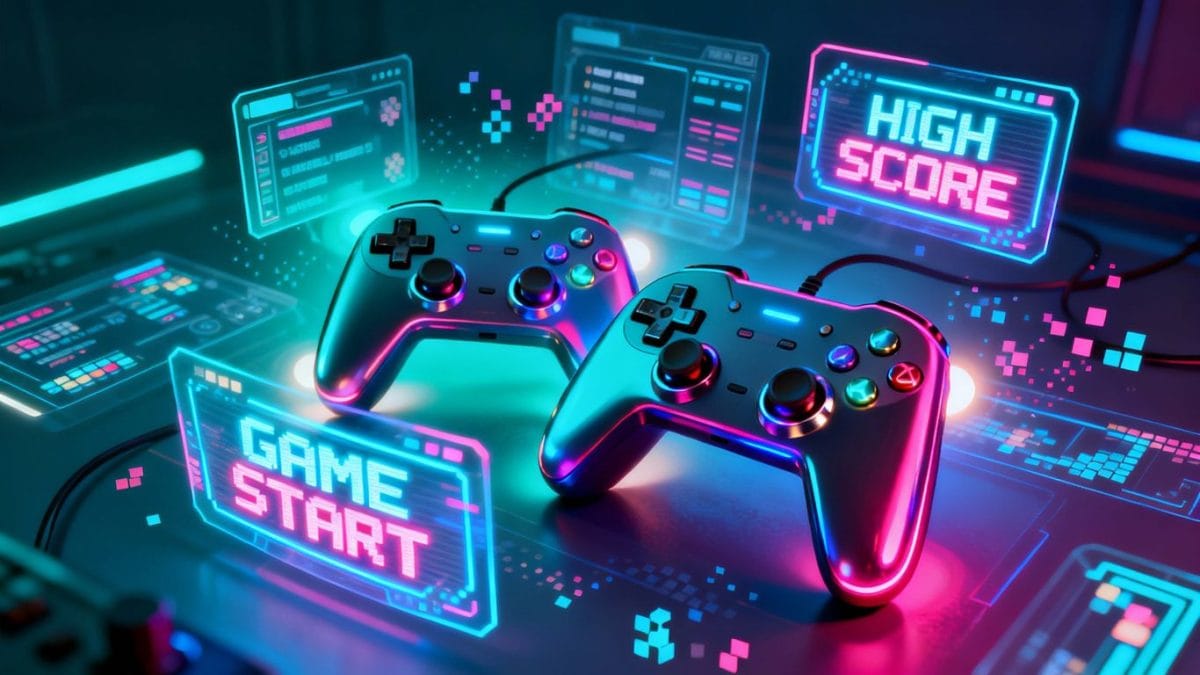 Futuristic gaming hub with neon lights and controllers.