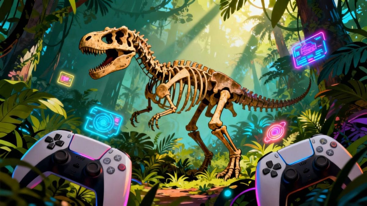 Dinosaur skeleton in a jungle with game controllers.