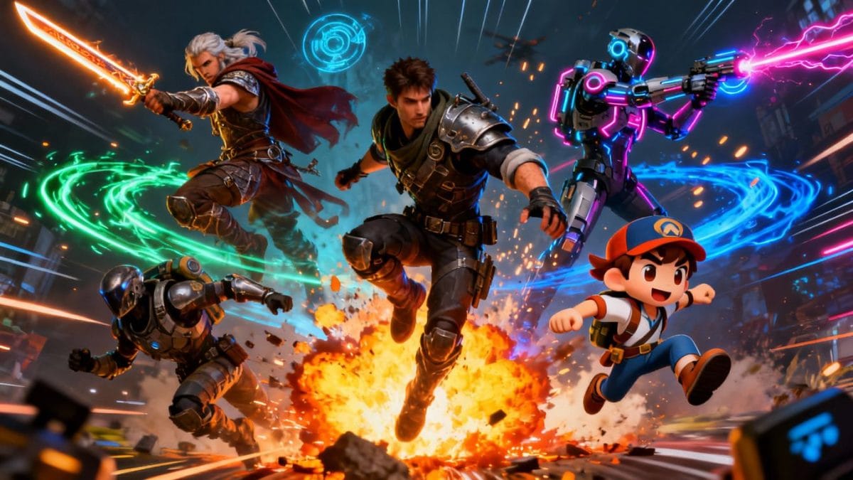 Collage of exciting online game characters and action scenes.