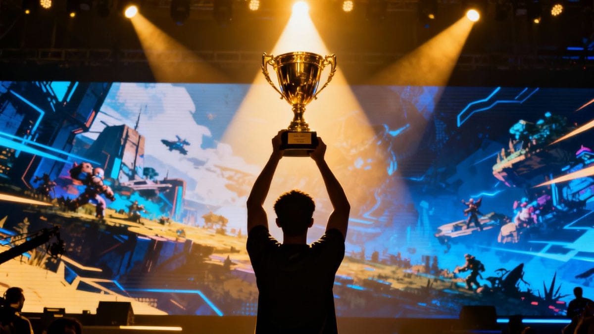 Game Awards 2025 trophy celebration with abstract digital art.