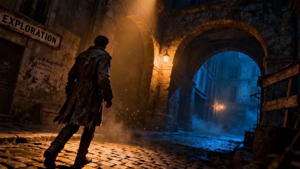 Atmospheric video game scene with a lone figure in shadow.
