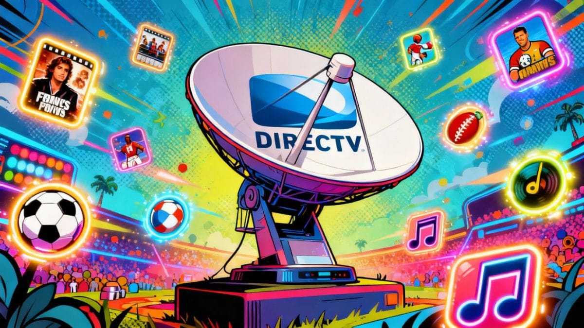 DIRECTV entertainment package icons floating around a satellite dish.