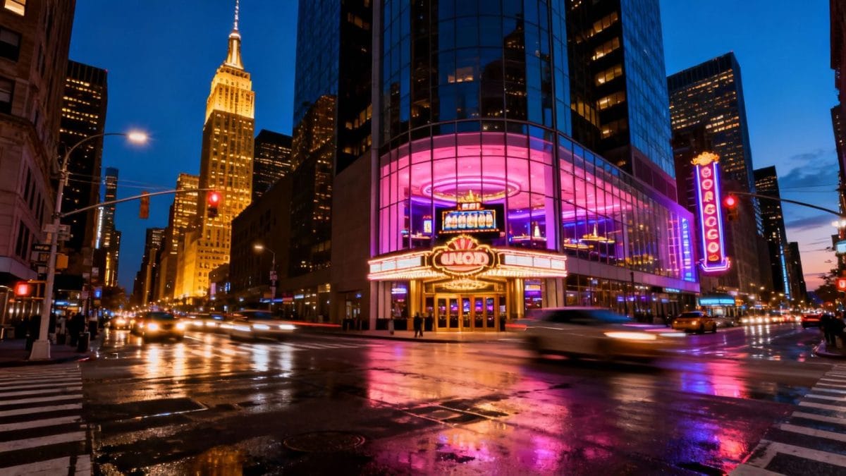 NYC skyline with glowing casino lights