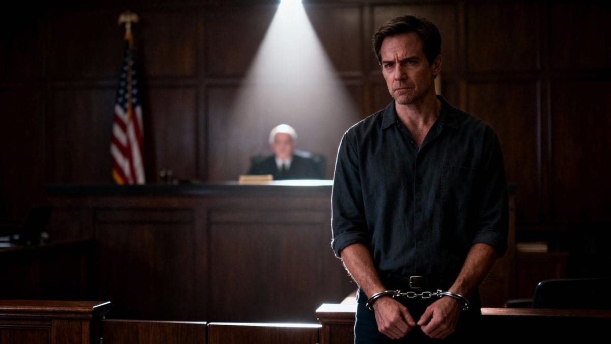 Man in handcuffs in courtroom, sentenced for theft.