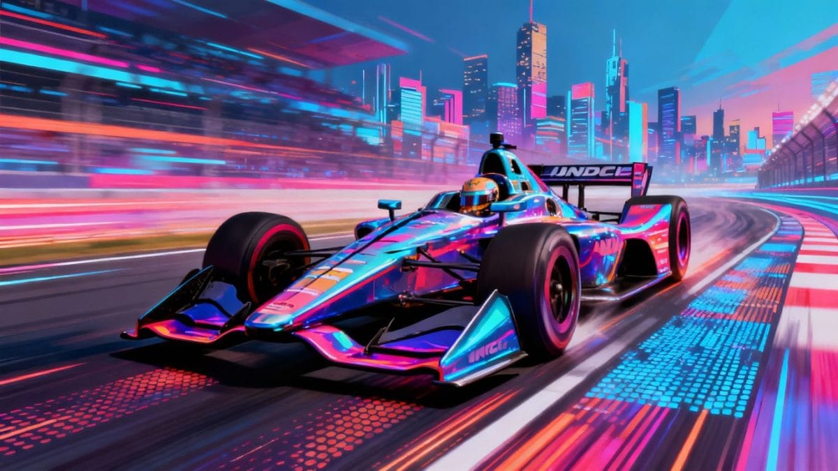 INDYCAR race car speeding on a digital track.