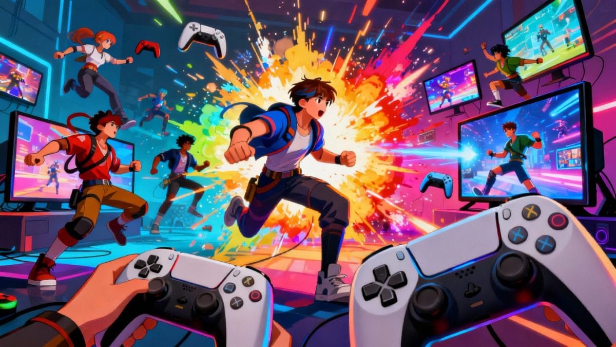 Online gaming characters in a colorful, action-packed digital art scene.