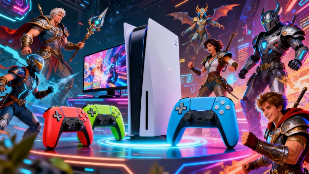 Gaming industry growth with consoles, controllers, and characters.