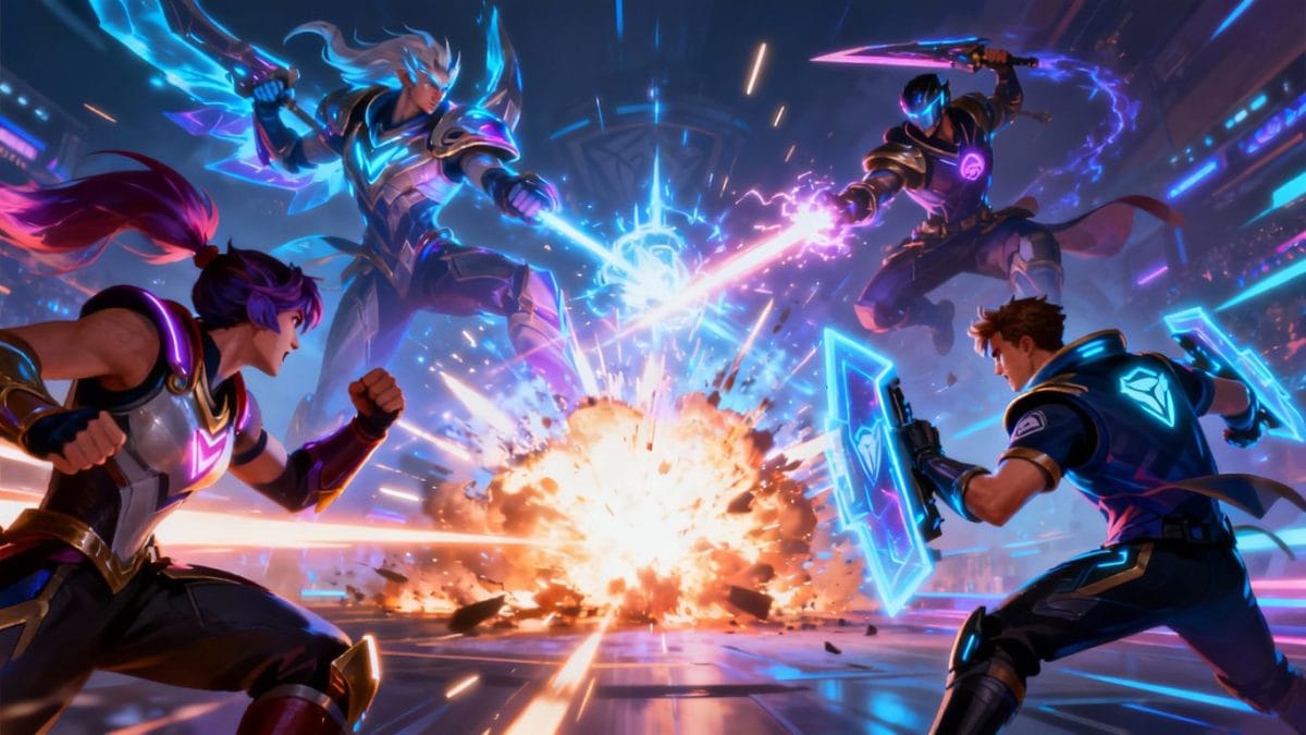 Top esports game characters in a dynamic, action-packed battle scene.