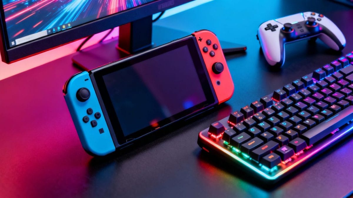Gaming peripherals: handheld, monitor, keyboard, and controller.