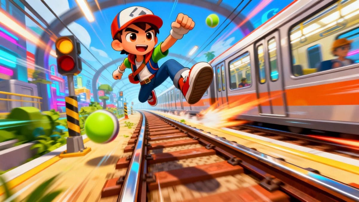 Subway Surfers character running and jumping on tracks.