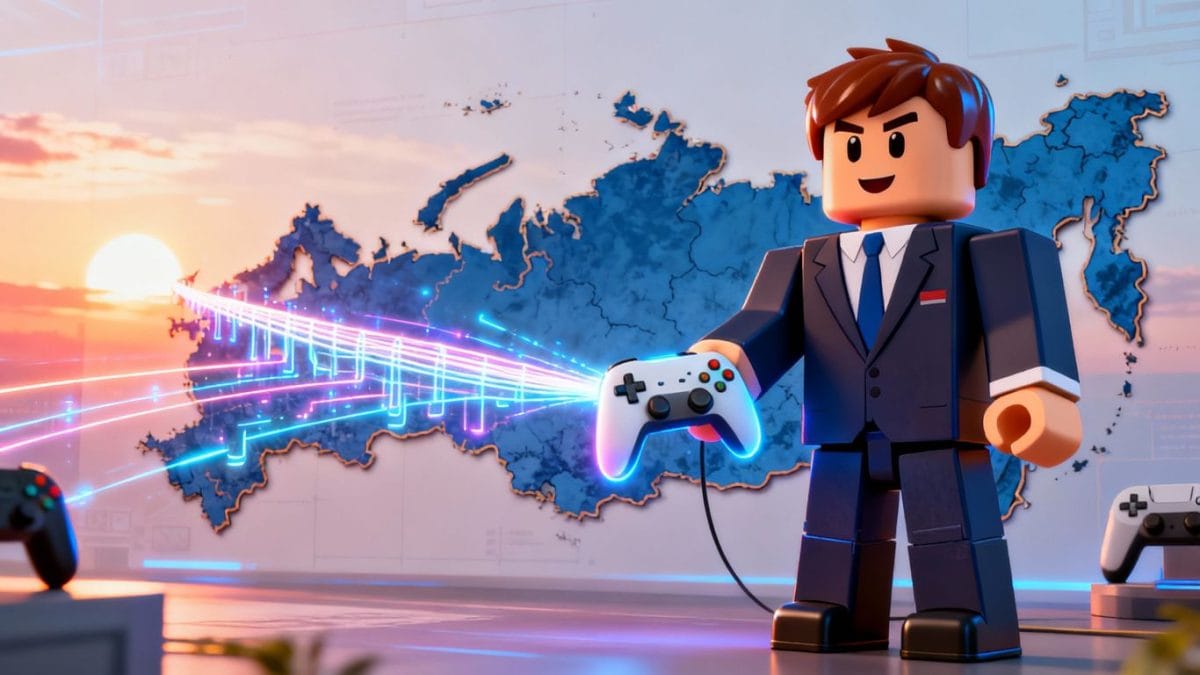 Roblox avatar bridging game world and Russia map.