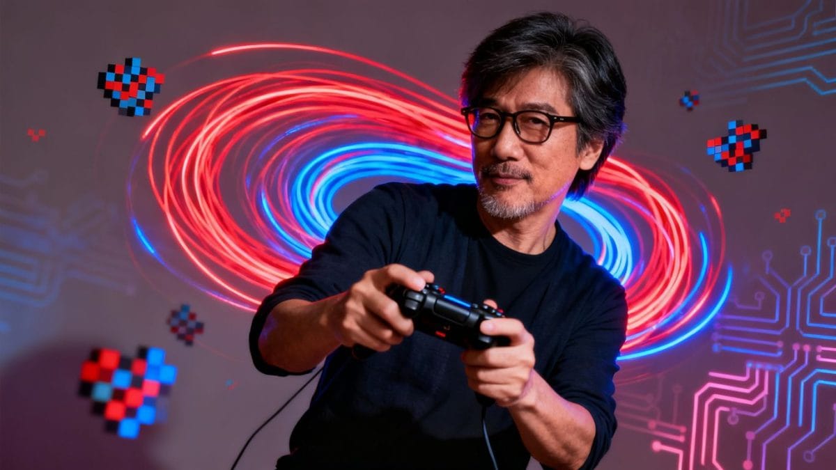 [Hideo Kojima] at GDC 2026 keynote, holding a game controller.