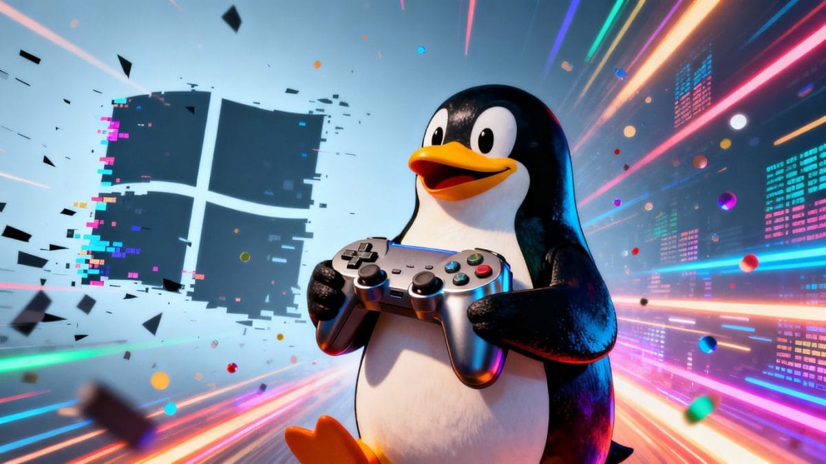 Linux penguin with gaming controller, Windows logo fading.