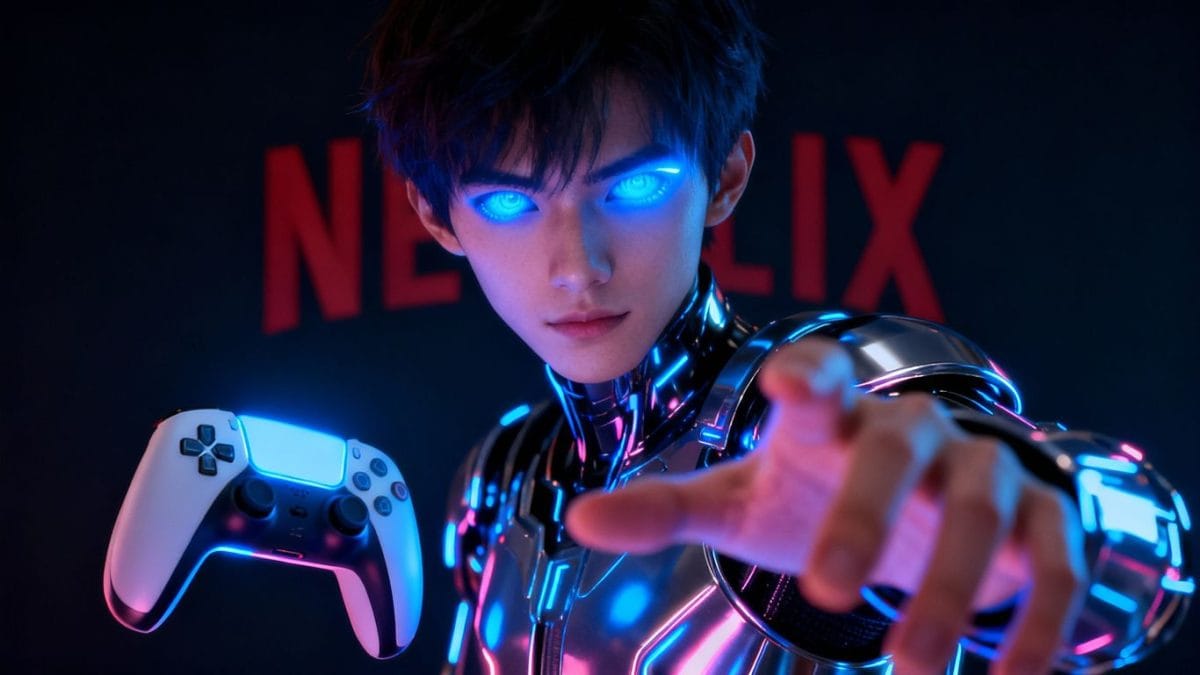 Netflix avatar holding a game controller, Netflix logo.