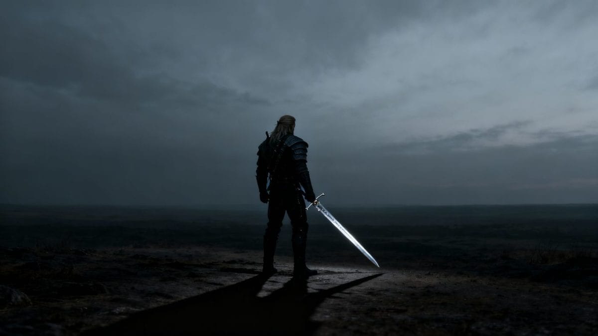 Geralt of Rivia with sword, dark landscape, Witcher 4.
