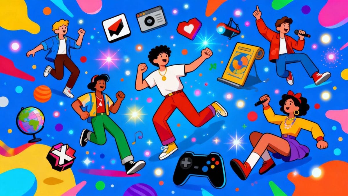 Pop culture icons in a colorful, game-like illustration.