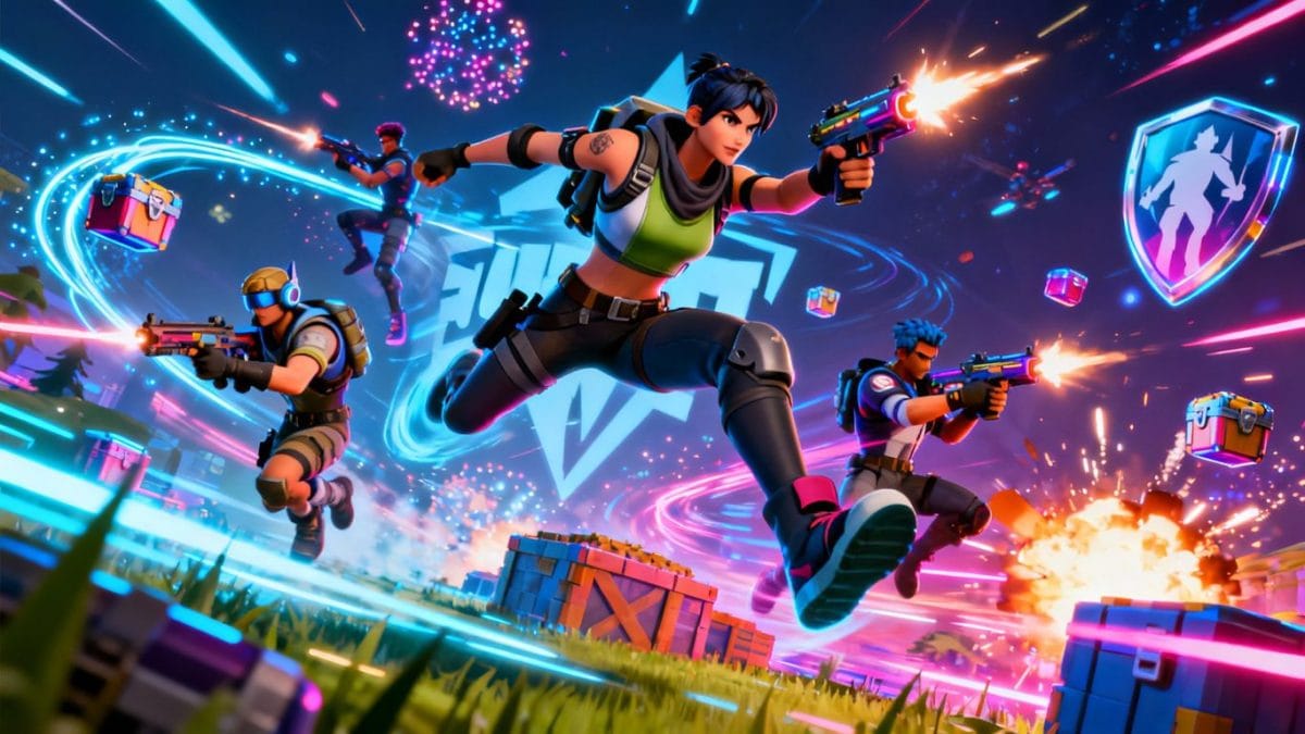 Elite Fortnite players in intense, action-packed esports battle.