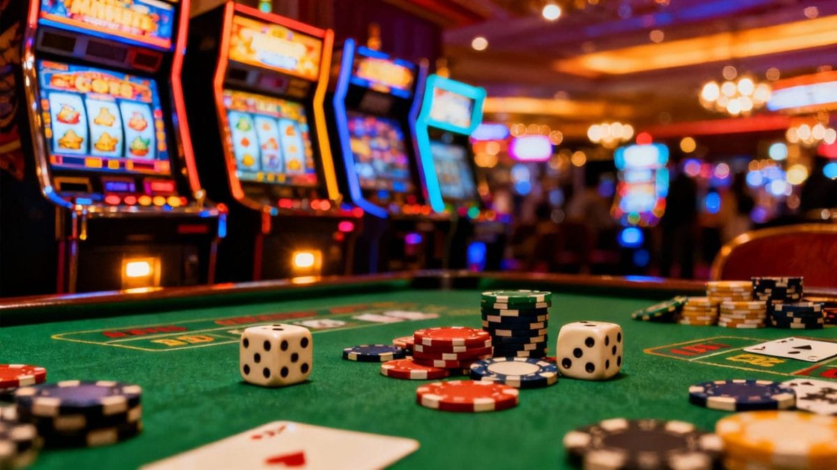 Pennsylvania casino revenue, slot machines, poker chips, dice.