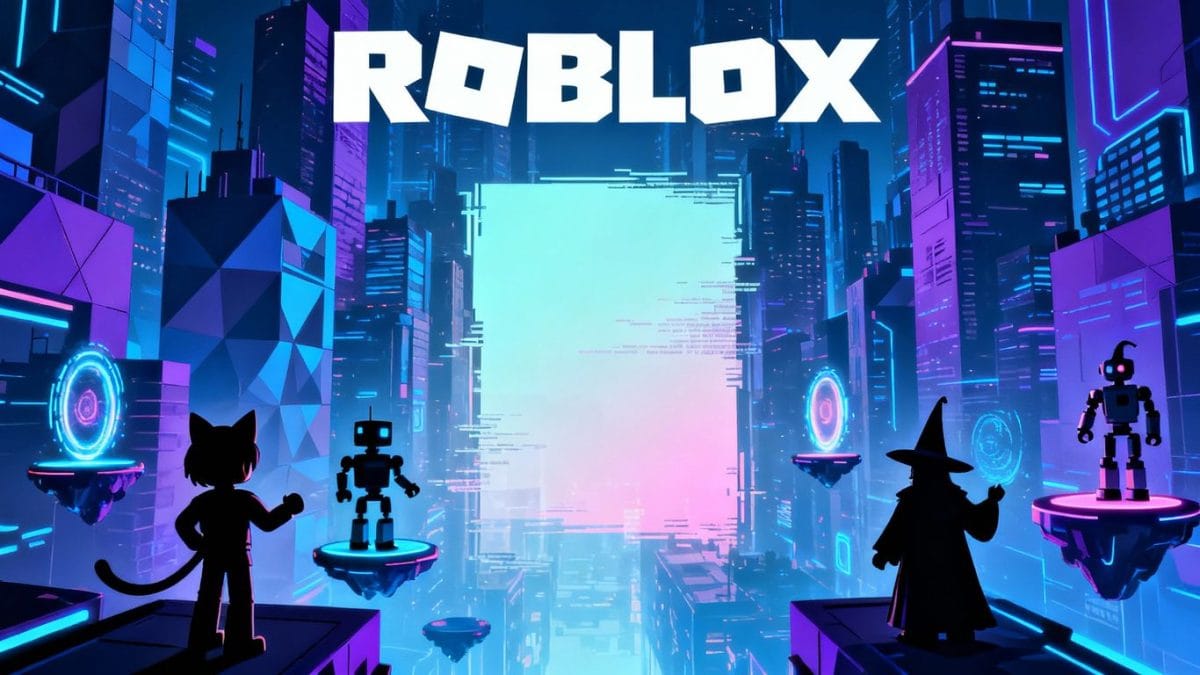 Roblox logo above a digital cityscape, hinting at reopening.